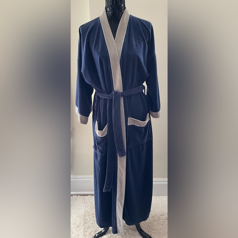 Christian Dior Navy and Taupe Gray Velour Lounge Robe